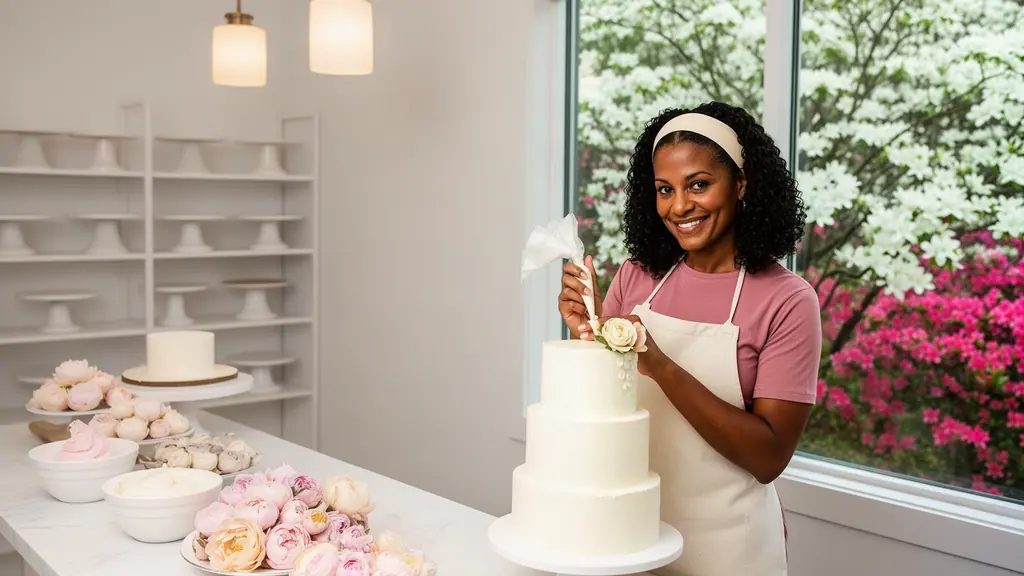 A smiling cake designer piping sugar flowers onto a tall white wedding cake, dogwoods and azaleas in bloom outside.